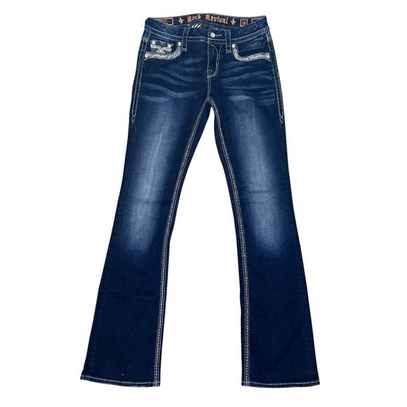 Rock Revival Tansy Jeans 25 Mid Rise Curvy Bootcut Dark Wash Embellished Pockets - Picture 1 of 5